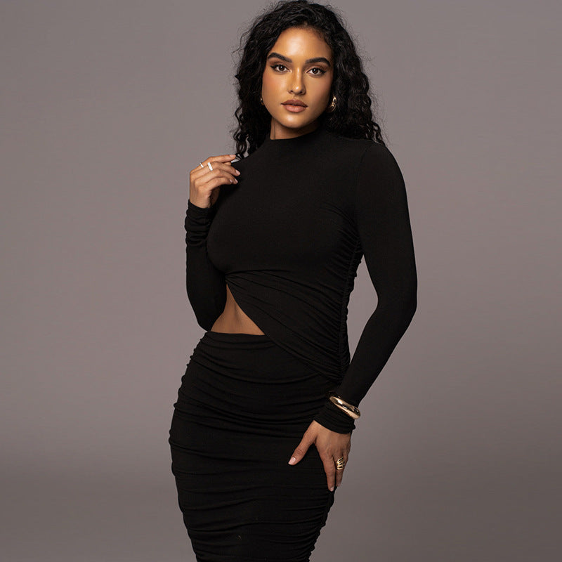 Women Clothing Autumn Crew Neck Long Sleeve Sexy Cutout Pleated Tight Elegant Sheath Dress Women Bella Mia